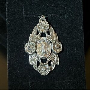 Vintage 925 sterling silver Miraculous Mary pendant marcasite